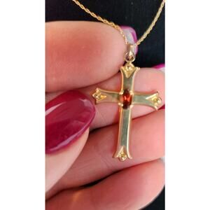 Vtg Estate 14k Gold Cross Garnet Pendant Necklace January Birthstone Tested 1.46